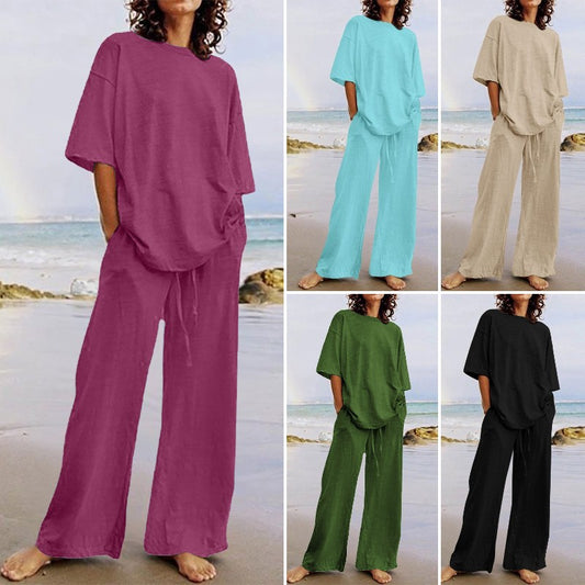 🔥🆒【S-5XL】Ženski enobarvni bombažni dvodelni komplet (okrogel izrez + široke hlače)