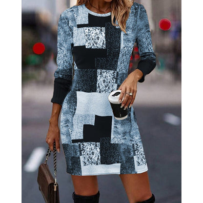 🔥【S-3XL】Rochie lejeră cu mânecă lungă, cu decolteu rotund, culoare contrastantă
