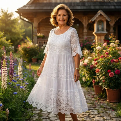 🔥【ZĽAVA 50%】✨✨✨【S-5XL】Nové tričkové šaty z roku 2026 s krátkymi rukávmi, okrúhlym výstrihom a čipkou.