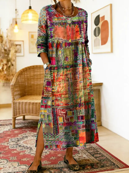 💟【S-5XL】Ženska haljina od čistog pamuka, etnički print, patchwork, čipkasti obrub