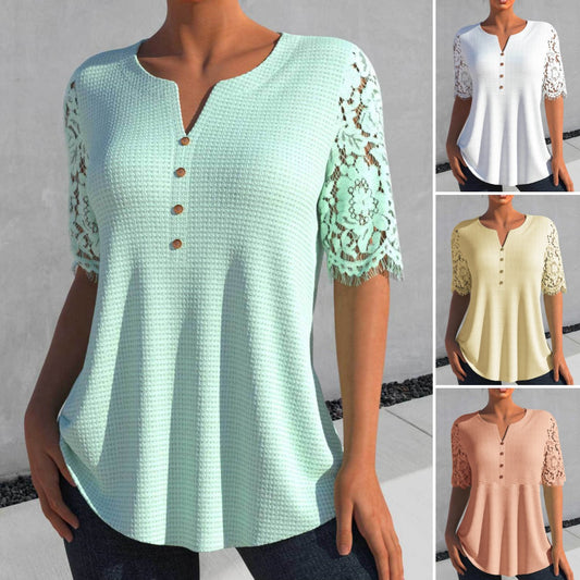 💖🌸【S-2XL】Nove ženske čipkane čipkaste majice s okruglim izrezom i kratkim rukavima