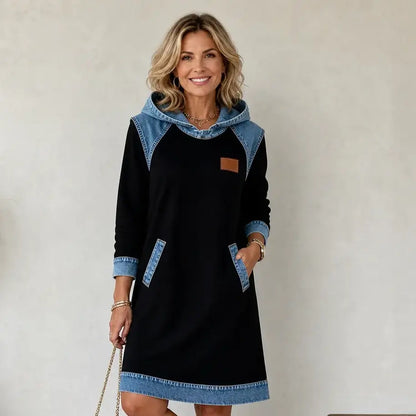 Nova zimska modna traper haljina s kapuljačom i dizajnom od spojenih dijelova (patchwork)