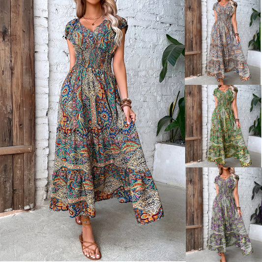 🔥👗【S-3XL】Damska sukienka maxi z wysokim stanem i dekoltem w szpic z nadrukiem w stylu boho