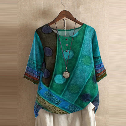 🌸2025 Noul puzzle geometric cu imprimare digitală, cu gât rotund, tricou mai lung pentru femei