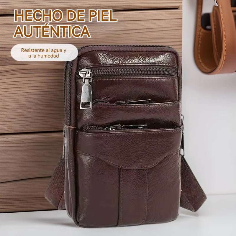 Muška torba za struk, torba za preko ramena, torba od prave kože, višeslojna i prenosiva, dvostruki patentni zatvarač, može se opremiti kožnim remenom i držačem za mobitel