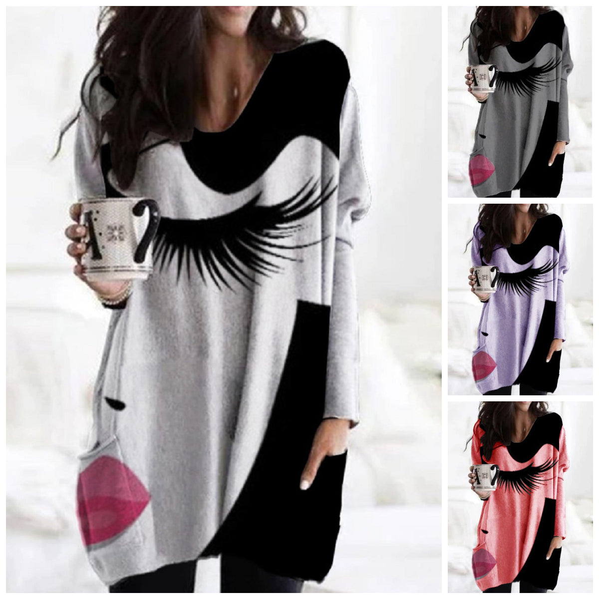 💖Elegantna, ohlapna, podaljšana majica z dolgimi rokavi, potiskom in V-izrezom ter nepravilnim robom