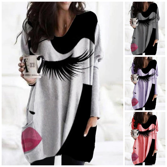 💖Elegantna, ohlapna, podaljšana majica z dolgimi rokavi, potiskom in V-izrezom ter nepravilnim robom