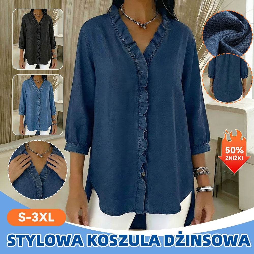 【S-3XL】Ženska ležerna jeans srajca z V-izrezom in volančki