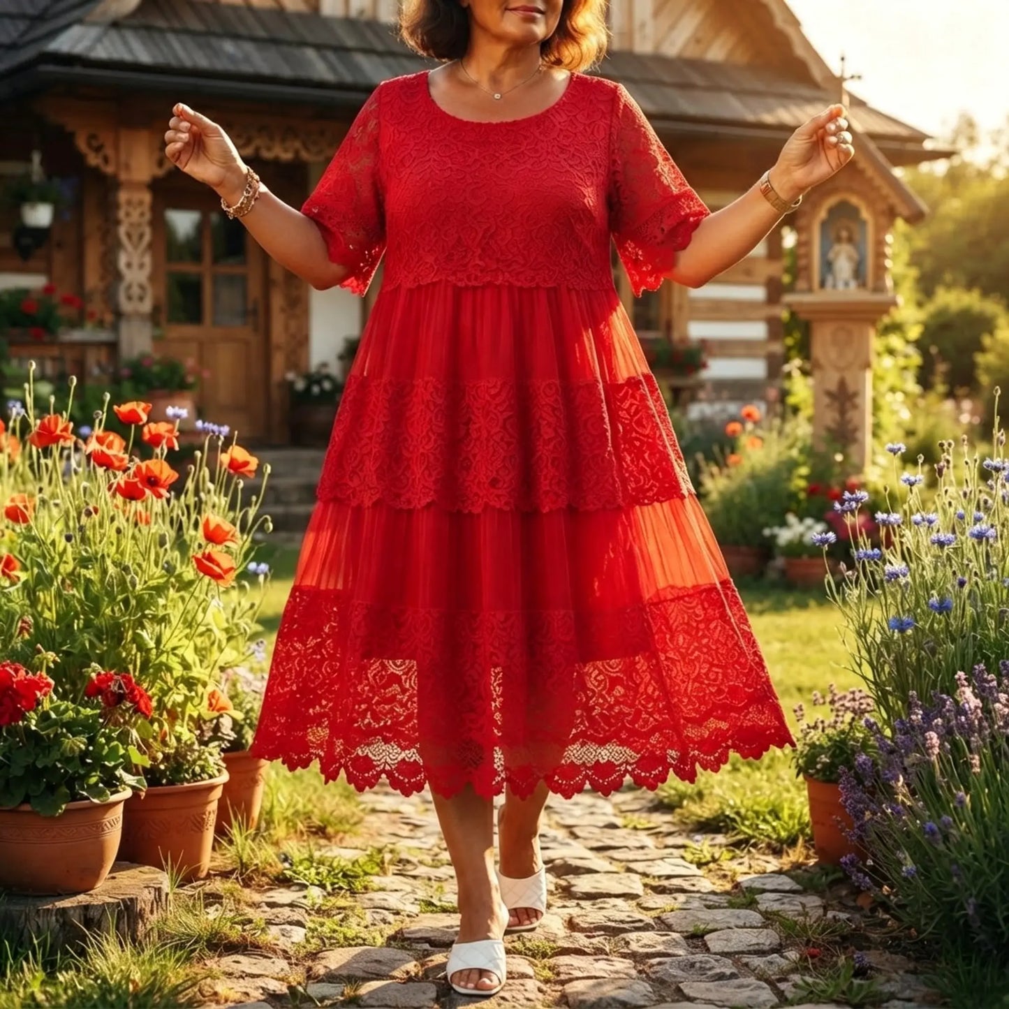 🔥【ZĽAVA 50%】✨✨✨【S-5XL】Nové tričkové šaty z roku 2026 s krátkymi rukávmi, okrúhlym výstrihom a čipkou.