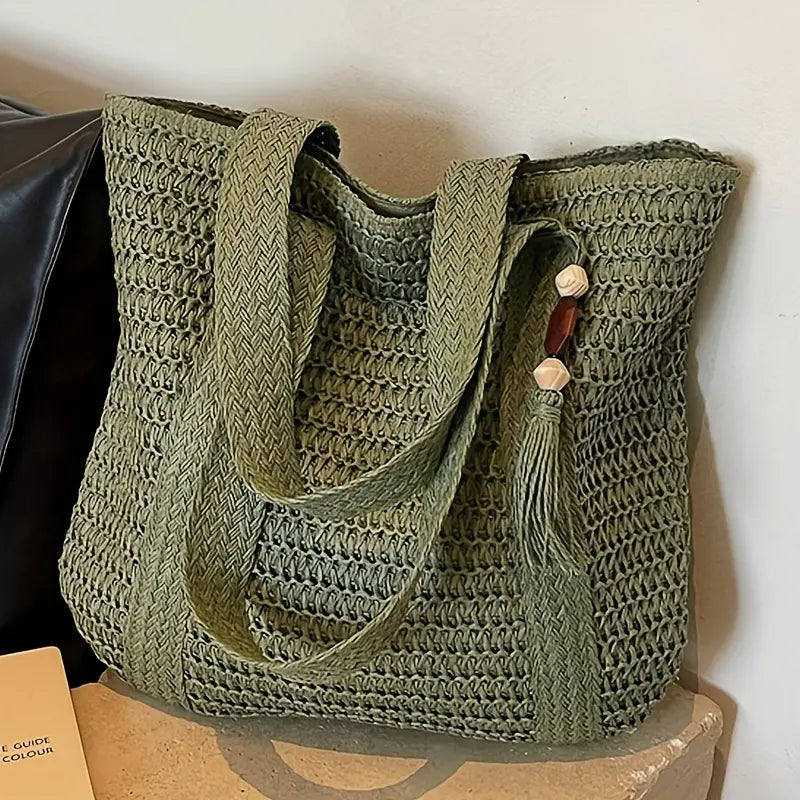 💖✨Ženska pletena torba za rame — elegantna jednobojna torba za rame s ukrasnim resicama