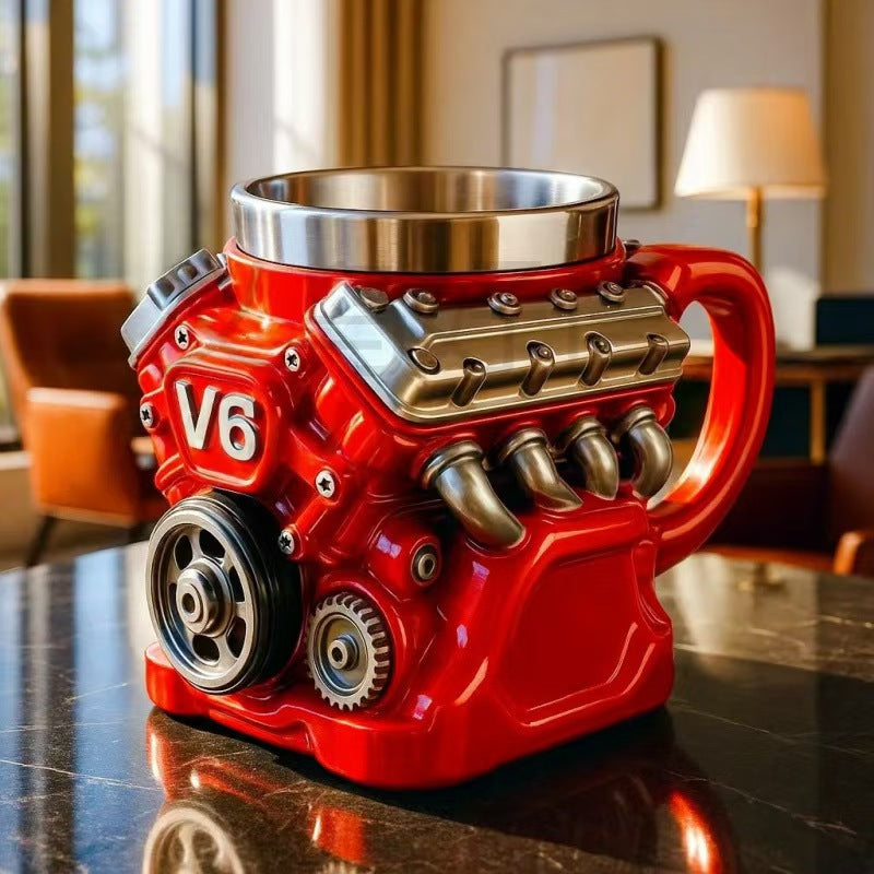 🎁☕Czerwony kubek do kawy ze stali nierdzewnej Creative Engine V6V8