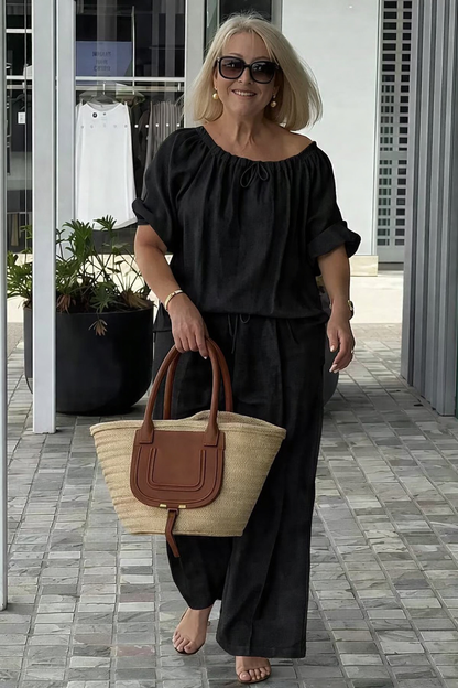 👑💃Ljetni set 2026, široki kroj od pamuka i lana 【Bluza s okruglim ovratnikom i vezicom + hlače】
