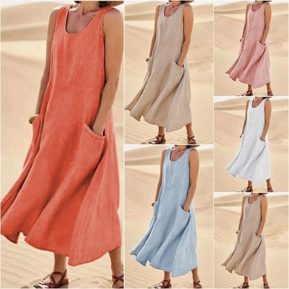 🌈👗【S-5XL】Nova elegantna jednobojna haljina bez rukava s okruglim izrezom od pamuka i lana za ljeto 2025.