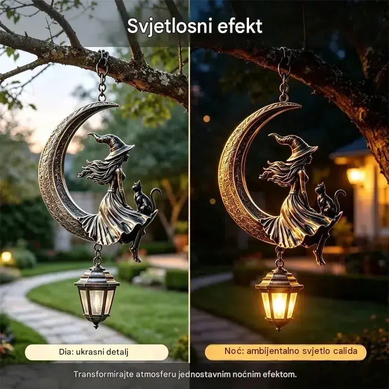 🌙🔮 Viseći solarni lampion s motivom mjeseca – brončani vrtni ukras u gotičkom stilu s vješticom i crnom mačkom