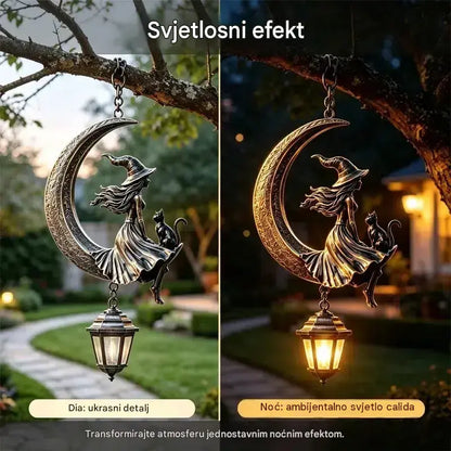 🌙🔮 Viseći solarni lampion s motivom mjeseca – brončani vrtni ukras u gotičkom stilu s vješticom i crnom mačkom