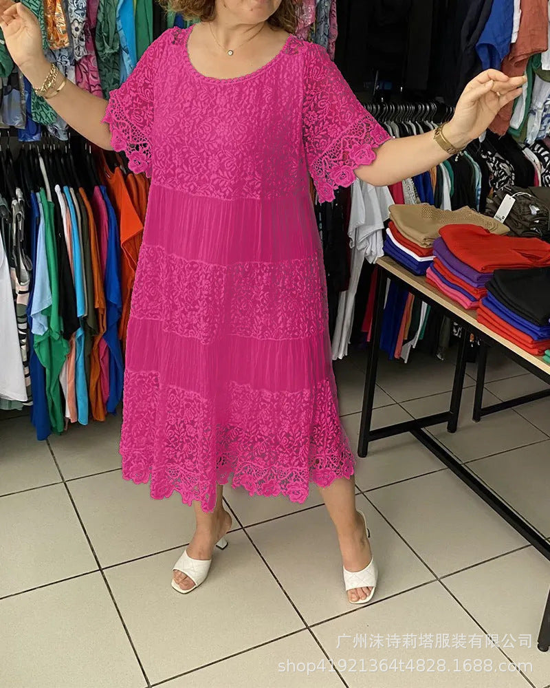 🔥【ZĽAVA 50%】✨✨✨【S-5XL】Nové tričkové šaty z roku 2026 s krátkymi rukávmi, okrúhlym výstrihom a čipkou.