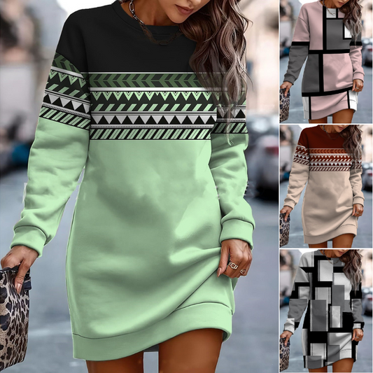 [S-3XL] Jesensko-zimska obleka z okroglim izrezom z novim potiskom v kontrastni barvi, pulover z okroglim izrezom