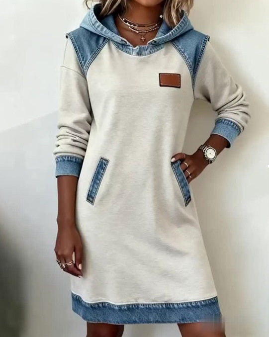 🌷🌞Zimska nova modna traper haljina s kapuljačom od patchworka