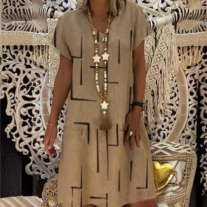🥻🌲【45% OFF】👗【S-5XL】Nowa sukienka z nadrukiem z dekoltem w serek, wykonana z bawełny i lnu: przyjazna dla skóry i miękka
