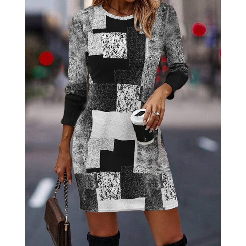 🔥【S-3XL】Rochie lejeră cu mânecă lungă, cu decolteu rotund, culoare contrastantă