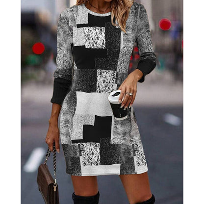 🔥【S-3XL】Rochie lejeră cu mânecă lungă, cu decolteu rotund, culoare contrastantă