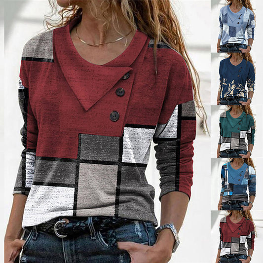 【S-3XL】Modna ženska majica z dolgimi rokavi in geometrijskim potiskom, prekrižanim izrezom