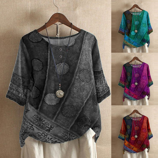 🌸2025 Noul puzzle geometric cu imprimare digitală, cu gât rotund, tricou mai lung pentru femei