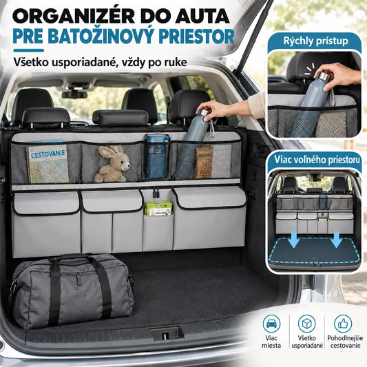 🚗📦 Závesný organizér do kufra auta – rozmery 105 x 51 cm, uvoľní podlahu kufra, kompatibilný s SUV a rodinnými autami, farby čierna a sivá.