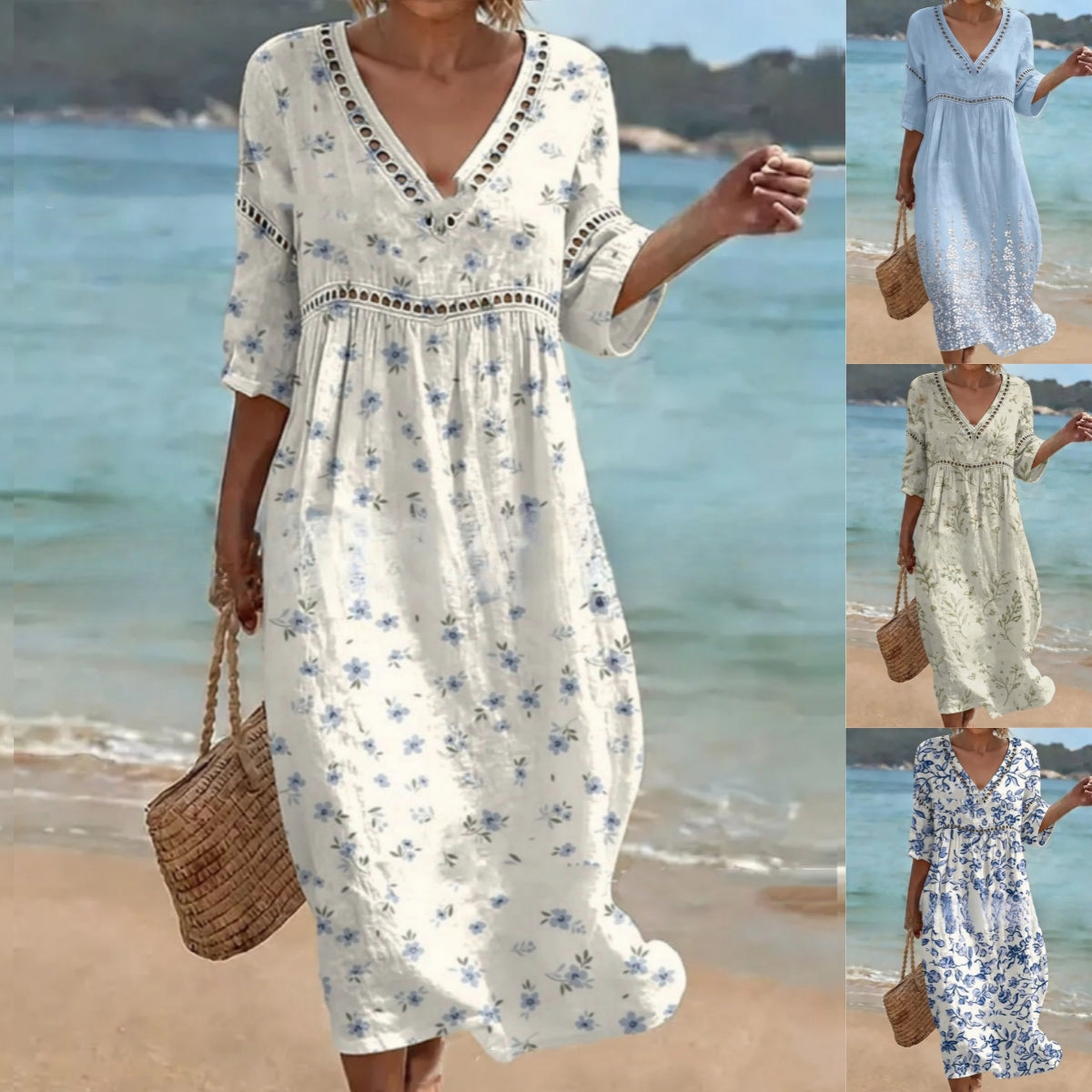 👗【S-3XL】Ženska duga haljina od pamuka i lana s printom - ljetni stil, V-izrez
