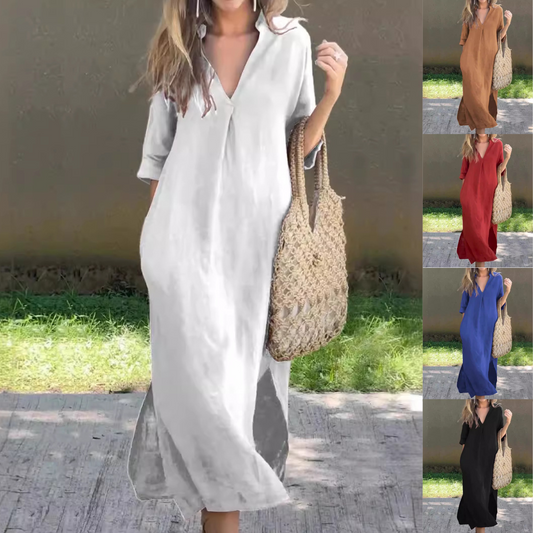 🌿💃【50% έκπτωση 🔥】【S–3XL】Μακρύ λινό φόρεμα με V λαιμόκοψη και σκισίματα, άνετο και ελαφρύ για το καλοκαίρι