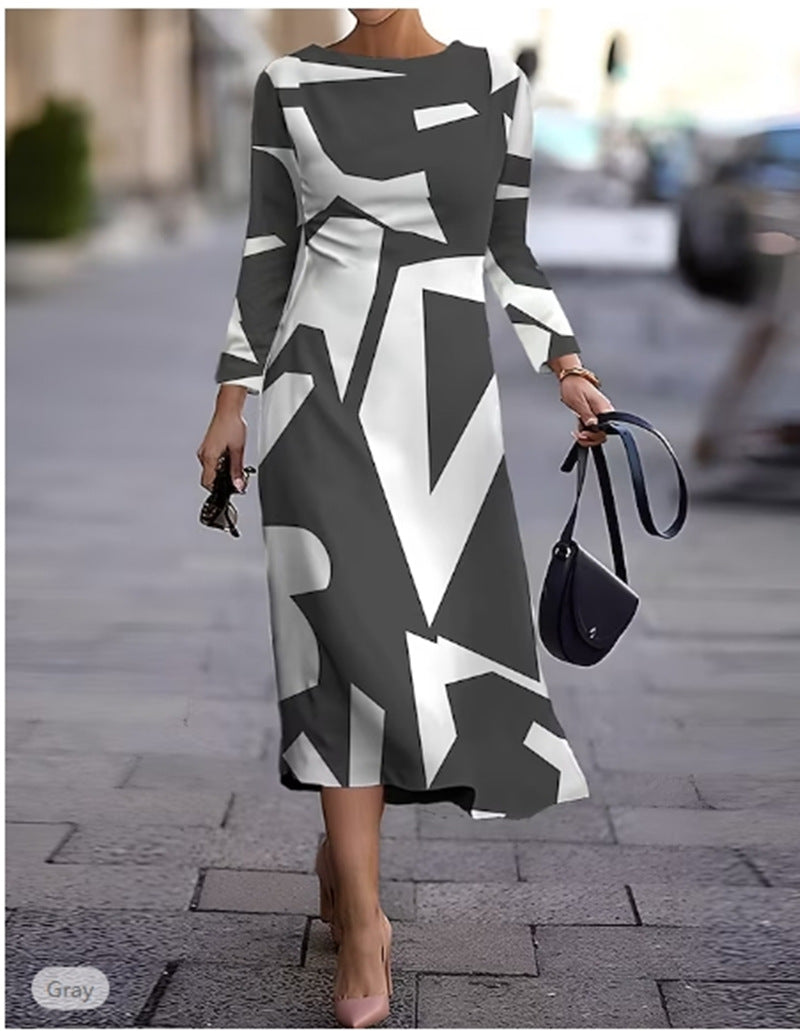 💥【Sprzedaje się jak świeże bułeczki】Nowa sukienka z długim rękawem i geometrycznym nadrukiem na jesień i zimę