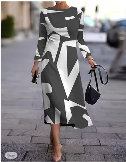 💥【Sprzedaje się jak świeże bułeczki】Nowa sukienka z długim rękawem i geometrycznym nadrukiem na jesień i zimę