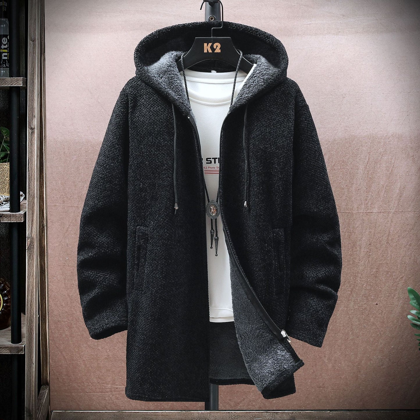 【M-5XL】Męski sweter dzianinowy z kapturem, średniej długości