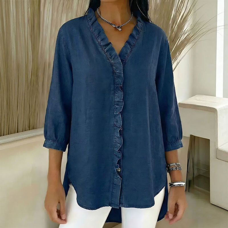 【S-3XL】Ženska ležerna jeans srajca z V-izrezom in volančki
