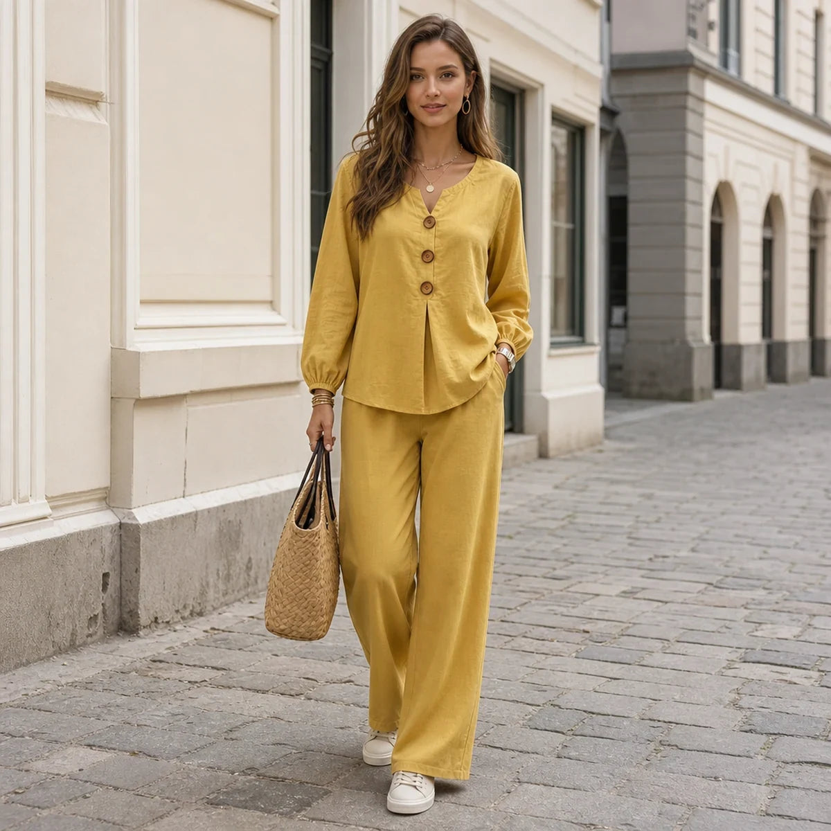 【Ograničena ponuda s popustom od 50%】Novi ženski dvodijelni set: bluza i hlače s volanima, gumbima i V-izrezom