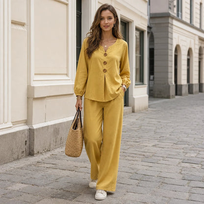 【Ograničena ponuda s popustom od 50%】Novi ženski dvodijelni set: bluza i hlače s volanima, gumbima i V-izrezom