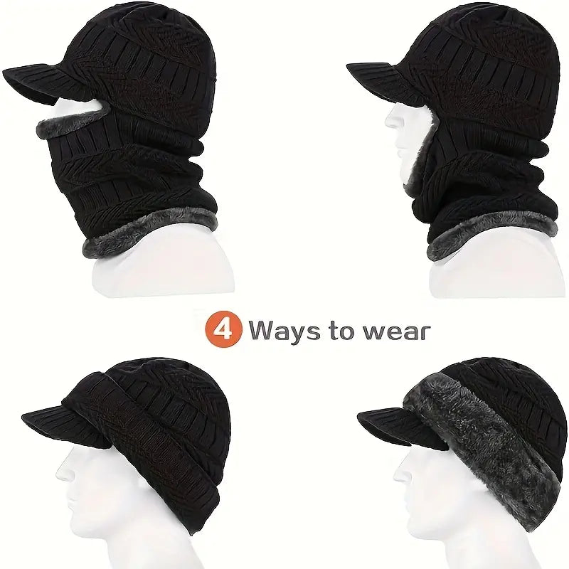 🧢❄️🔥【1 kus, ochrana uší a tváre, obvod hlavy 55–60 cm】Pletená zimná čiapka s predĺženou časťou na krk a šiltom – hrejivá, vetruodolná a vhodná na outdoor.