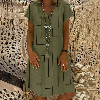 🥻🌲【45% OFF】👗【S-5XL】Nowa sukienka z nadrukiem z dekoltem w serek, wykonana z bawełny i lnu: przyjazna dla skóry i miękka