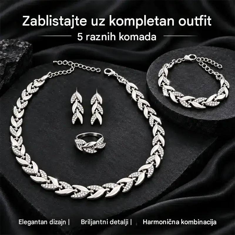 ✨💎 Ženski set nakita od 4 dijela | Ogrlica, narukvica, prsten i naušnice s motivom lista i kubičnim cirkonima