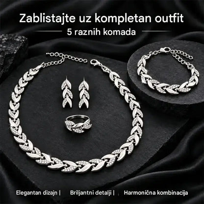 ✨💎 Ženski set nakita od 4 dijela | Ogrlica, narukvica, prsten i naušnice s motivom lista i kubičnim cirkonima