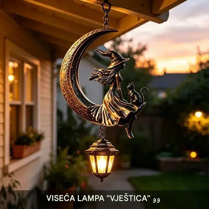 🌙🔮 Viseći solarni lampion s motivom mjeseca – brončani vrtni ukras u gotičkom stilu s vješticom i crnom mačkom