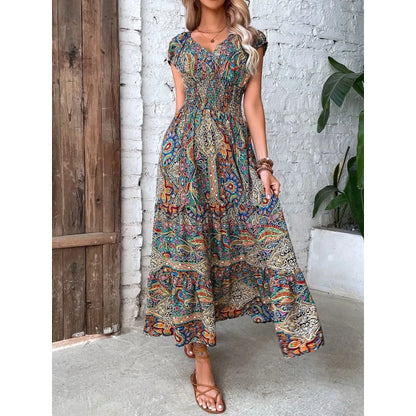 🔥👗【S-3XL】Damska sukienka maxi z wysokim stanem i dekoltem w szpic z nadrukiem w stylu boho