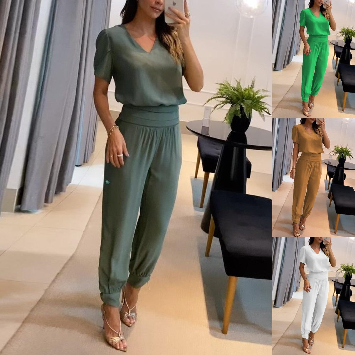 🥰【Top+Pantaloni】 Costum casual de dama din doua piese cu modelSet din două piese de pantaloni cu mânecă scurtă cu decolteu în V imprimați pentru femei