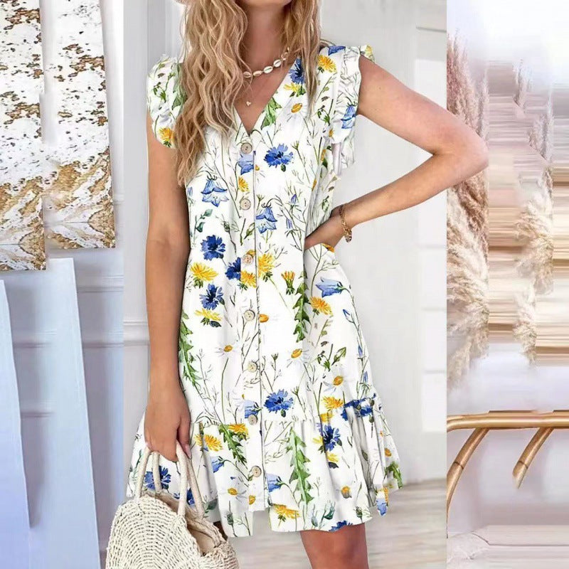 💛🧡💚【S-2XL】2026 Nowa luźna sukienka z nadrukiem z dekoltem w serek i bawełny Tencel