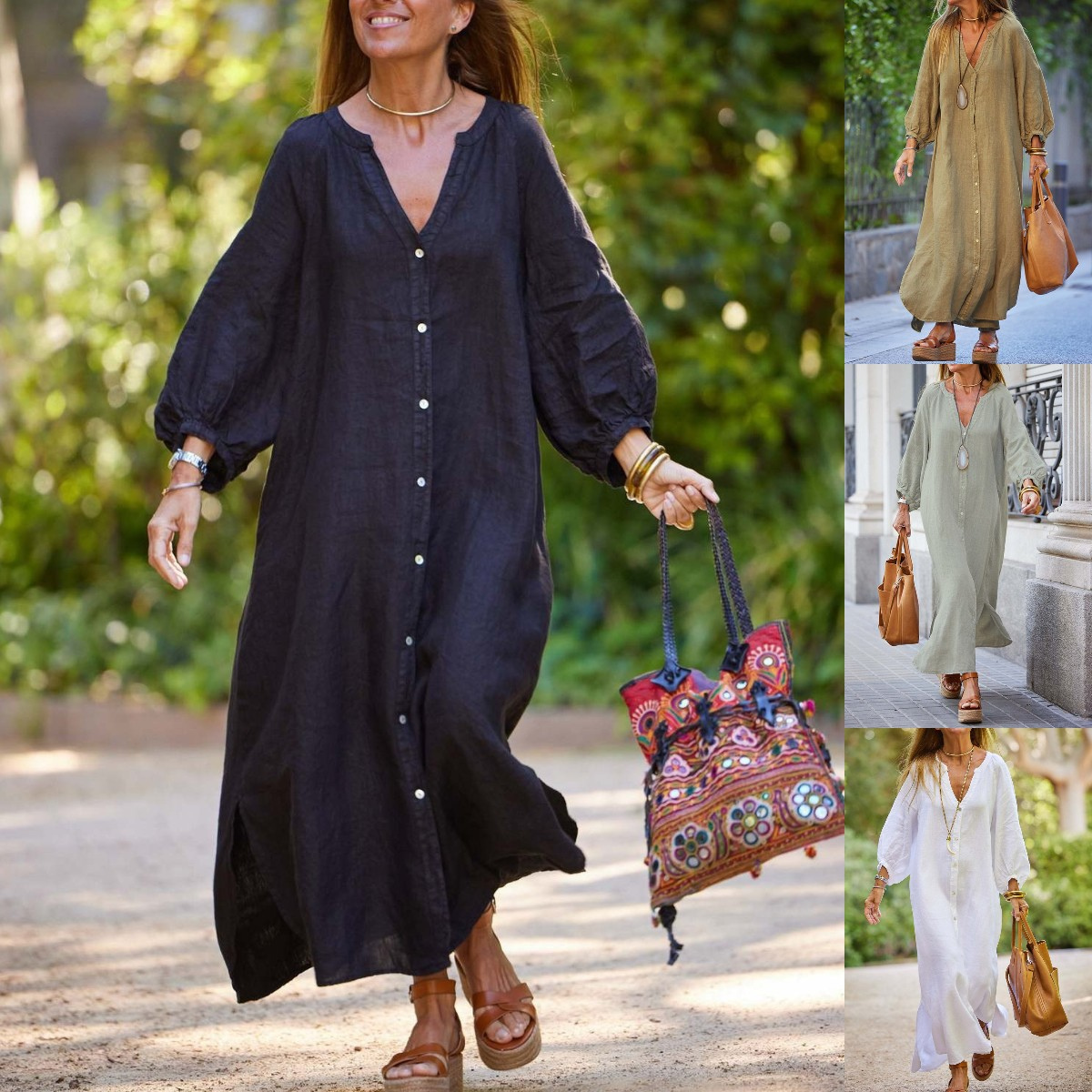 👗Ograničeno vrijeme 50% popusta🎁 [S–3XL] Nova ženska duga haljina-košulja s V-izrezom, prirodni materijal od pamuka i lana, veća veličina