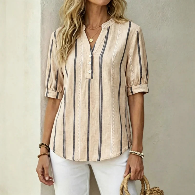 👚 【50% popusta na sezonske ponude】Ljetna prugasta bluza kratkih rukava od pamuka i lana od prozračnog materijala