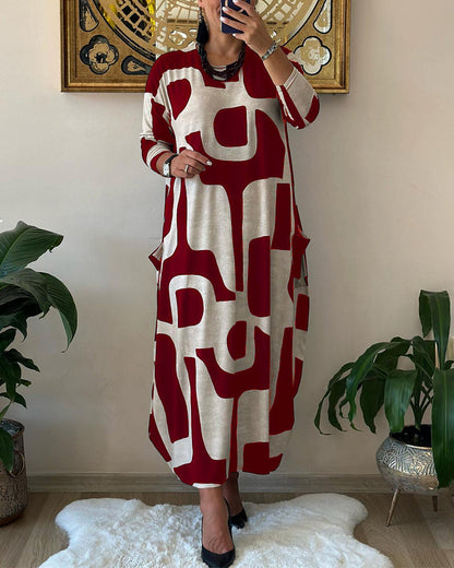 🥻Rochie casual cu imprimeu și guler rotund, la modă, de toamnă