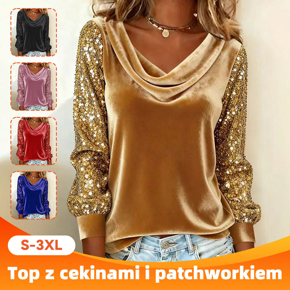 🔥Ženski moden žameten top z dolgimi rokavi, z reverjem in bleščicami