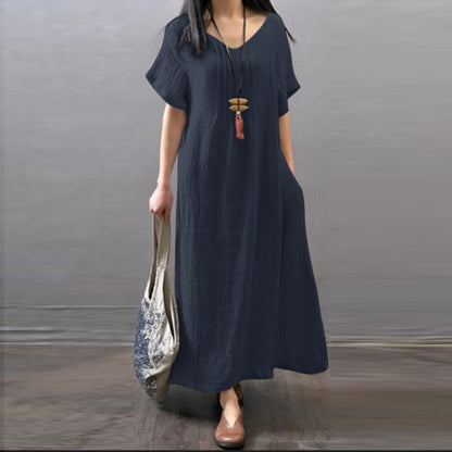 👗【S-5XL】Nova ležerna haljina od pamuka i lana, materijal od pamuka i lana, široka i opuštena s džepovima