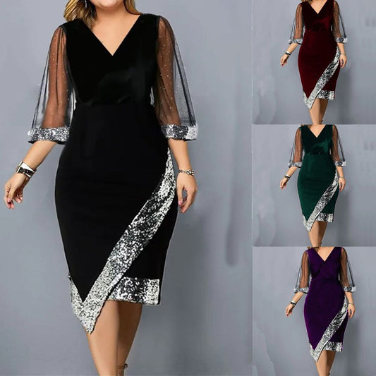 🌟 Nou 2025 ✨ Rochie de damă transparentă din plasă neregulată, catifea aurie și paiete ✨👗💃